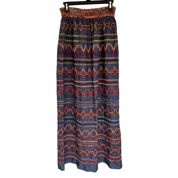 Boho Maxi Embroidered Southwestern Aztec Skirt Rainbow of Colors Stretch Waist - Picture 1 of 4